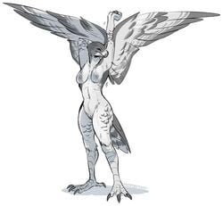 2017 4_toes anisodactyl anthro avian beak bird bird_feet breasts claws closed_eyes falcon falconid feathers female full-length_portrait furikake genitals hand_behind_head monochrome nipples non-mammal_breasts nude peregrine_falcon portrait pussy simple_background sketch solo spots spotted_body spotted_feathers standing stoop stretching tail_feathers talons toes white_background white_body white_feathers winged_arms wings