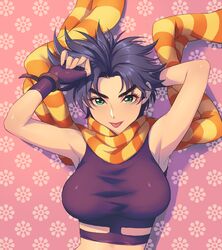 1girls 2015 :p arm_behind_head armpits arms_up bare_shoulders battle_tendency breasts eyebrows_visible_through_hair female female_focus female_only fingerless_gloves genderswap_(mtf) gloves green_eyes highres human jojo's_bizarre_adventure joseph_joestar large_breasts light-skinned_female light_skin looking_at_viewer midriff purple_hair rule_63 scarf shadow short_hair shounen_jump solo tank_top tomboy tongue tongue_out tora_ryū upper_body