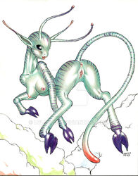 alien antennae_(anatomy) anus ass black_sclera breasts cloud female feral flying genitals green_body green_skin hooves long_ears long_tail lvl9drow nipples nymph open_mouth pink_nipples pussy sky_nymph solo