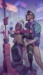 1boy 1girls ambiguous_penetration angry areolae athletic blue_sclera bondage bound_wrists breasts breasts_out crying crying_with_eyes_open cum cum_leaking cum_on_floor cum_overflow cyberpunk dark-skinned_female dark_skin dominant_male exposed_ass female female_protagonist femsub fist fit_female from_behind glasses glowing_eyes human interracial interracial_sex lube_bottle male maledom marvel marvel_comics nipples ororo_munroe pained_expression pillory ponytail public_sex public_use rape resisting restrained sabudenego sex sex_arcade storm_(x-men) straight street superheroine tear tears url white_hair x-men yoke