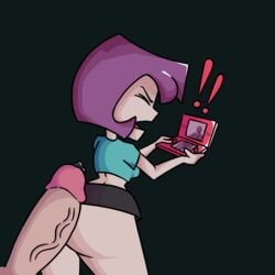 crop_top electronics female finchie game_console gaz_membrane handheld_game_console human imminent_sex invader_zim nintendo_ds purple_hair short_hair short_skirt tagme video_games