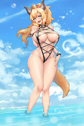 1girls blonde_hair blue_eyes bowsette bracelet breasts breasts_apart bubble choker cleavage collar curvy fangs genderswap highres horns knees_together_feet_apart large_breasts long_hair looking_at_viewer mario_(series) nanaayami new_super_mario_bros._u_deluxe nintendo ocean open_mouth outdoors pointy_ears ponytail rule_63 sling_bikini smile solo spiked_bracelet spiked_collar spikes standing super_crown swimsuit tail water wide_hips