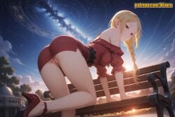 1girl ai_generated all_fours ass bare_shoulders bench blonde_hair blush braid braided_bangs braided_ponytail breasts cleft_of_venus closed_mouth cloud corset dress foot_out_of_frame from_behind high_heels large_breasts legs long_hair looking_at_viewer looking_back mosaic_censoring night nivora no_panties off-shoulder_dress off_shoulder on_bench outdoors panties park_bench patreon priscilla_barielle pussy pussy_juice re:zero_kara_hajimeru_isekai_seikatsu red_dress red_eyes red_footwear shoes short_sleeves single_braid sitting_on_bench sky smile solo star_(sky) starry_sky sun sunset thighs tree uncensored underwear upskirt