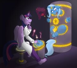 1futa 1girls ai_edit alicorn anthro blush bondage caroo chastity_cage equine femdom friendship_is_magic futa_focus gold_(metal) hasbro horn_ring magic magic_inhibitor my_little_pony portal precum precum_drip purple_eyes purple_hair runes tears tickle_fetish tickle_torture tickling tickling_feet tongue_out trixie_(mlp) twilight_sparkle_(mlp) unicorn wartenberg_wheel yuri