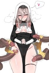 1girl 4boys absurdres alternate_breast_size_(smaller) aponia areola_slip black_dress breasts brown_hair cameltoe closed_mouth cowboy_shot disembodied_penis dress erection extra_arms hair_between_eyes half-closed_eyes handjob heart hetero highres honkai_(series) honkai_impact_3rd imkay_3 long_hair mole mole_under_eye multiple_boys own_hands_clasped own_hands_together pelvic_curtain penis simple_background small_breasts smile solo_focus spoken_heart surrounded_by_penises thigh_strap white_background