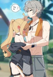 1boy 1girls ass bare_shoulders blonde_hair blush bottomless breasts embarrassed female flustered grey_eyes grey_hair hand_over_mouth high_resolution highres luciana_de_montefio male medium_breasts no_bra no_panties outside pants red_eyes shirt shorts standing straight sweat thighs tied_hair wak_kun wise_(zenless_zone_zero) zenless_zone_zero