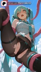 1girl 1girls 2026 ai_generated aqua_eyes aqua_hair artist_name black_legwear blue_sky blurry blurry_background blurry_foreground boobs bow_panties breasts bust chest cloud consensual_tentacles day depth_of_field electroworld hatsune_miku hi_res high_quality high_resolution highres long_hair necktie open_mouth outdoors panties patreon patreon_username restrained sky stable_diffusion tentacle_sex tentacles tits torn_clothes torn_legwear torn_panties torn_shirt twintails underwear very_long_hair vocaloid watermark