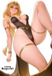 1girl ai_generated armlet artist_name bare_shoulders black_dress blonde_hair bracelet braid breasts cleavage closed_mouth dress elden_ring from_below fromsoftware jewelry large_breasts long_hair looking_at_viewer nuageeart pelvic_curtain plunging_neckline queen_marika_the_eternal sensitive shadow_of_the_erdtree simple_background smile solo thigh_strap thighlet thighs white_background yellow_eyes