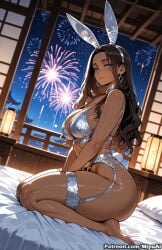 1girl ai_assisted ai_generated animal_ears avatar_legends avatar_the_last_airbender bangs bare_shoulders black_hair blue_eyes blush breasts brown_hair bunny_ears curvaceous curvy curvy_female curvy_figure dark_skin earrings fake_animal_ears female fireworks jewelry katara large_breasts long_hair looking_at_viewer miyuai night revealing_clothes seiza sitting sky solo thick thick_ass thick_butt thick_hips thick_legs thick_thighs thighhighs thighs voluptuous voluptuous_female wide_hips wide_thighs