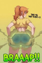 ai ai_generated blushing fart fart_cloud fart_fetish farting hand_on_ass heart_symbol jean_shorts looking_at_viewer looking_back nami_(one_piece) one_piece orange_hair smile