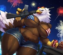 4th_of_july american_flag_bikini anthro avian avian_humanoid bikini_top eagle female female_focus female_only fireworks gun short_pants