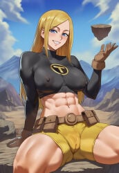 abs ai_generated big_breasts blonde_hair blue_eyes cameltoe clitoris covered_clitoris covered_nipples dc_comics geokinesis gloves impossible_clothes jagat_ai long_hair medium_breasts short_shorts shorts sitting smile solo solo_female superheroine teen_titans terra_(dc) tight_clothing toned_female utility_belt