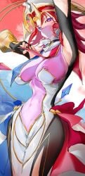 1girls areolae areolae_visible_through_clothing armpits arms_up beyond_the_pendulum blue_eyes blush bodysuit boobs cleavage clothing covering_mouth curvy duel_monster erect_nipples erect_nipples_under_clothes female heart_eyes heart_symbol heterochromia hi_res huge_breasts konami light_skin looking_at_viewer magic magical_girl one_arm_up red_eyes red_hair robe standing sweatdrop wide_hips xblhh yu-gi-oh! yu-gi-oh!_arc-v yu-gi-oh!_vrains