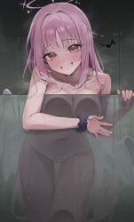 1girls absurdres blue_archive blush breast_press breasts collarbone commentary completely_nude groin halo highres large_breasts long_hair looking_at_viewer mika_(blue_archive) musical_note navel nude pink_hair scrunchie shower smile solo tile_wall tiles um_111 untranslatable_commentary very_long_hair white_wings wings wrist_scrunchie yellow_eyes