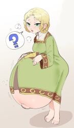 ? barefoot big_belly blonde_hair blush braided_hair dress elden_ring feet fromsoftware full_body fully_clothed green_eyes hellbrain huge_belly hunched_over hyper hyper_belly hyper_pregnancy leaning_forward outie_navel pregnant rya_(elden_ring) standing sweat twin_braids