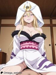 1girl 1girl1boy ai_generated big_breasts blonde_female blonde_hair cleavage cowgirl_position dominant_female evil_smile faceless_male fairy_tail hood hoodie lipstick long_hair looking_at_viewer omega_weirdo patreon pink_eyes pov pov_sex pussy_juice robe selene_(fairy_tail) sex smile smiling_at_viewer straddling