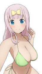 1girls big_breasts bikini bikini_bottom bikini_top blush bottomwear breast_focus breasts cleavage coro_fae female female_only fujiwara_chika green_bikini hair hair_ornament hair_ribbon huge_breasts kaguya-sama_wa_kokurasetai_~tensai-tachi_no_renai_zunousen~ long_hair pink_hair ribbon smile solo solo_female swimwear thighs topwear white_background