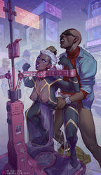 1boy 1girls angry areolae blue_sclera bondage bound_wrists breasts cum cum_leaking cum_on_floor cum_overflow cyberpunk dark-skinned_female dark-skinned_male female femsub from_behind glasses glowing_eyes human male maledom marvel marvel_comics mutant_(marvel) nipples ororo_munroe pillory public_sex public_use rape resisting restrained sabudenego sex sex_arcade storm_(x-men) straight street x-men