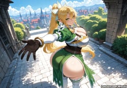 1girl ai_assisted ai_generated ass bangs blonde_hair bracelet braid breasts building cleavage curvaceous curvy curvy_female curvy_figure day elf female gloves green_eyes huge_breasts jewelry large_breasts leafa leafa_(sao) long_hair looking_at_viewer miyuai outdoors pointy_ears ponytail puffy_sleeves shiny sky solo sword_art_online thick thick_ass thick_butt thick_hips thick_legs thick_thighs thighhighs thighs tree twin_braids voluptuous voluptuous_female white_legwear wide_hips wide_thighs
