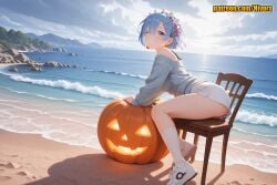 1girl ;) ai_generated alternate_costume ass bare_shoulders beach blue_eyes blue_hair blue_sky blue_sweater blush breasts chair closed_mouth cloud cloudy_sky day earrings flower_knot food-themed_earrings from_side full_body grey_sweater grin hair_between_eyes hair_ornament hair_over_one_eye hair_ribbon hairband halloween horizon jewelry kneehighs leaning_forward lolita_hairband long_sleeves looking_at_viewer medium_breasts mountain mountainous_horizon nivora ocean off-shoulder_sweater off_shoulder on_chair one_eye_closed outdoors patreon pumpkin re:zero_kara_hajimeru_isekai_seikatsu rem_(re:zero) ribbon sand scenery shoes shore short_hair short_shorts shorts sitting sky smile sneakers socks solo sweater thighs underwear water waves white_footwear white_shorts white_socks x_hair_ornament