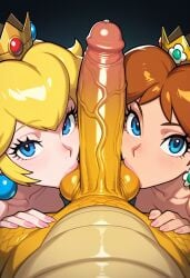 1boy 2girls ai_generated bowser collaborative_fellatio fellatio male_pov mario_(series) nintendo pov princess_daisy princess_peach royalty tagme