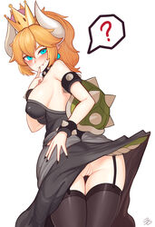 3gs ass blonde_hair blue_eyes blush bowsette clothing crown decensored female genderswap high_resolution looking_at_viewer looking_back mario_(series) new_super_mario_bros._u_deluxe nintendo nopan oerba_yun_fang super_crown tail uncensored upskirt very_high_resolution white_background