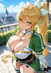 1girl ai_assisted ai_generated bangs blonde_hair blush bracelet braid breasts cleavage closed_mouth cloud collarbone curvaceous curvy curvy_female curvy_figure day elf eyebrows_visible_through_hair female gloves green_dress green_eyes hair_between_eyes huge_breasts jewelry large_breasts leafa leafa_(sao) long_hair looking_at_viewer miyuai outdoors pointy_ears ponytail puffy_sleeves sidelocks sky smile solo sword_art_online thick thick_ass thick_butt thick_hips thick_legs thick_thighs thighhighs twin_braids voluptuous voluptuous_female watermark wide_hips wide_thighs
