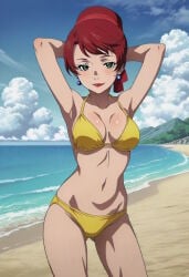 1girls ai_generated armpits arms_behind_head arms_up beach bikini breasts female female_only green_eyes hair_between_eyes iea_mira medium_breasts posing posing_for_the_viewer red_eyes red_lipstick smile tatakau_shisho the_book_of_bantorra tied_hair yellow_bikini