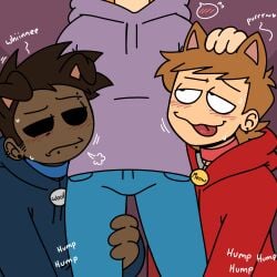 3boys blue_hoodie blush blush_lines blushing brown_hair cat_ears catboy chubby_male collar collars dark-skinned_male desperate desperation dog_ears eddsworld fluffy_hair flustered flustered_male fully_clothed gay gay_male ginger ginger_hair hand_on_head heart heat holding_leg holding_thigh humping humping_leg imminent_sex in_heat justsomedude light-skinned_male looking_at_partner male_only matt_(eddsworld) pale_skin puppyboy purple_hoodie purring red_hoodie skinny_male spikey_hair sweat sweatdrop tom_(eddsworld) tongue_out tord_(eddsworld) whining yaoi
