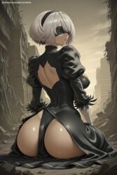 1girl ai_generated ass back_cutout backless_dress backless_outfit black_blindfold black_dress black_hairband blindfold breasts covered_eyes dress feather-trimmed_sleeves from_behind gloves hairband hi_res high_quality high_resolution highleg juliet_sleeves leotard lips long_sleeves looking_back mole mole_under_mouth nier:_automata patreon puffy_sleeves savvyraexo seductive sexy shiny shiny_skin short_hair silver_hair sitting solo thighhighs thighs thong_leotard uncensored watermark yorha_2b yorha_no._2_type_b