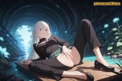 1girl ai_generated arm_support ass black_eyes black_footwear black_pants black_shirt breasts butterfly_hair_ornament cave cleavage_cutout closed_mouth clothing_cutout colored_eyelashes echidna_(re:zero) female_masturbation fingering flower full_body hair_between_eyes hair_ornament high_heels long_hair long_sleeves looking_at_viewer lying masturbation medium_breasts nivora no_panties on_back outdoors pants parted_lips patreon pussy re:zero_kara_hajimeru_isekai_seikatsu river shirt shoes silver_hair sitting skirt solo spread_legs uncensored water white_hair