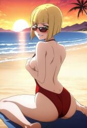 1girls ai_generated ass beach blonde_female blonde_hair blush bob_cut breasts female female_only full_body green_eyes looking_at_viewer mirepoc_finedel on_knees pale-skinned_female pale_skin red_slingshot_swimsuit slingshot_swimsuit sunglasses tatakau_shisho the_book_of_bantorra thighs