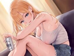 1girl 1girls bent_forward blonde_hair blush breasts cleavage collarbone female female_only hanging_breasts highres jean_shorts large_breasts long_hair looking_at_viewer nagiha_kuten nipple_bulge nipples nipples_visible_through_clothing no_bra original see-through see-through_clothing see-through_shirt shirt short_shorts shorts sitting solo solo_female solo_focus tank_top wet wet_shirt