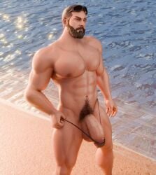 3d 3d_(artwork) beach beach_background beard big_penis commission commissioner_upload fortnite gunnsteam male_only michael_scott pubic_hair solo_male steve_carell sunglasses_on_head the_office thong thong_only thong_pull