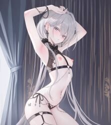 1girls armpits belly_button belly_button_piercing blush breasts breasts_out cc_lin ear_piercing earrings female female_focus female_only grey_hair high_resolution highres long_hair looking_at_viewer nipples open_bra original original_character panties piercing piercings small_breasts solo standing stomach sweat topless underwear