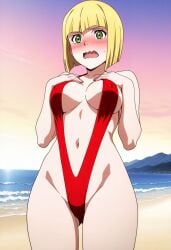 1girls ai_generated beach blonde_female blonde_hair blush bob_cut breasts embarrassed female female_only green_eyes mirepoc_finedel open_mouth pale-skinned_female pale_skin red_slingshot_swimsuit slingshot_swimsuit tatakau_shisho the_book_of_bantorra thighs