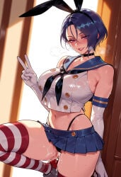 1girl 1girls after_sex ai_generated animal_ears balecxi bare_shoulders black_choker black_clothes black_hairband black_neckerchief black_panties black_underwear blue_hair blue_sailor_collar blue_skirt blush breasts choker clothing cosplay crop_top cropped_shirt cum cum_in_pussy cum_on_body cum_on_legs cumdrip curvaceous curvaceous_female curvaceous_figure curvy curvy_figure elbow_gloves fake_animal_ears female female_focus fire_emblem fire_emblem:_three_houses gloves grin hair_between_eyes hairband highleg highleg_panties large_breasts legwear lips looking_at_viewer makeup microskirt miniskirt navel neckerchief nintendo panties pantsu parted_lips pleated_skirt purple_eyes rabbit_ears red_thighhighs sailor_collar serafuku shamir_nevrand shimakaze_(kancolle) shimakaze_(kancolle)_(cosplay) shimakaze_(kantai_collection) shimakaze_(kantai_collection)_(cosplay) shirt short_hair skindentation skirt smile solo striped_clothes striped_legwear striped_thighhighs sweat thick_thighs thighhighs thighs thong underwear v voluptuous voluptuous_female wet wet_clothes white_gloves