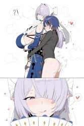 !? 1futa 1girl1futa 1girls 2koma ass bare_shoulders belle_(zenless_zone_zero) black_shirt blue_dress blue_hair blush bottomless_futa breast_press breasts clothing_cutout comic dress futa_on_female futa_with_female futanari grey_hair hair_ornament hair_over_one_eye hand_fan heart height_difference holding holding_fan intersex intersex/female large_breasts letter_hair_ornament licking_lips long_hair looking_at_another mole mole_on_breast mole_under_mouth multiple_girls pointy_ears purple_eyes sex sex_from_behind shirt short_hair shoulder_cutout sideboob silent_comic size_difference spoken_heart spoken_interrobang sweat tea220622 tongue tongue_out velina_airgid white_background zenless_zone_zero