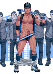 5boys abs backpack bara baseball_bat baseball_cap black_underwear blue blue_eyes clothed erection full_body gay gloves holding_object human human_only long_socks looking_at_viewer male male_nipples male_only maorenc multiple_boys muscle muscles muscular muscular_male nipple_piercing nipples pants_down partially_clothed penis shoes six_pack socks solo_focus taking_picture toned toned_male underwear undressing veiny_penis yaoi