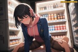 1boy 1girl ai_generated black_hair black_pantyhose blazer blue_jacket blush bottle breasts censored closed_mouth clothed_sex clothing_aside collarbone cowgirl_position drawstring drink drink_can erection food girl_on_top green_eyes hair_ribbon han_song-yi hetero hood hood_down hoodie incest indoors jacket leaning_forward long_sleeves looking_down lying medium_breasts mosaic_censoring nivora no_pants open_clothes open_jacket panties pantyhose penis pink_bow pink_hoodie pink_ribbon pov pussy refrigerator ribbon school_uniform sex shelf short_hair soda solo_focus solo_leveling spread_legs straddling sweat thighband_pantyhose torn_clothes torn_pantyhose underwear vaginal vending_machine