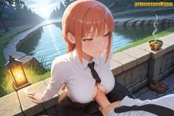 1boy 1girl ai_generated arm_support black_necktie black_pants blush braid braided_ponytail breasts brown_footwear button_gap buttoned_cuffs chainsaw_man cleavage cleavage_cutout closed_mouth collared_shirt day dress_shirt grass hetero jewelry lantern large_breasts lips loafers long_hair long_sleeves makima_(chainsaw_man) mosaic_censoring necktie nivora orange_eyes orange_hair outdoors paizuri paizuri_under_clothes pants partially_unbuttoned penis perpendicular_paizuri pond pov red_hair ring ringed_eyes shirt shoes sidelocks sitting sky smile solo_focus tree uncensored unworn_shoes veins veiny_penis water white_shirt wing_collar yellow_eyes