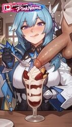 1boy 1girl 2026 ai_generated artist_name blue_hair blush cake cock cup dick erection eula_(genshin_impact) food fruit genshin_impact hetero hi_res high_quality highres patreon patreon_username penis penis_awe pinkname plate purple_eyes strawberry table testicles tongue tongue_out watermark