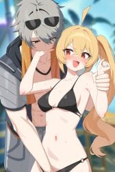 1boy 1girls bare_shoulders belly_button bikini blonde_hair blush bra breasts cissia_(zenless_zone_zero) embarrassed female fingering fingering_partner fingering_pussy flustered grey_eyes grey_hair high_resolution highres long_hair male medium_breasts open_mouth outside panties pants red_eyes shirt shorts smile standing stomach straight sweat swimsuit tied_hair underwear wak_kun wise_(zenless_zone_zero) zenless_zone_zero
