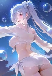 1girls ai_generated ass bikini bubbles cinderella_(nikke) female female_only goddess_of_victory:_nikke happy long_hair looking_at_viewer on_back pale-skinned_female pale_skin red_eyes smile smiley_face transparent_clothing white_bikini white_hair