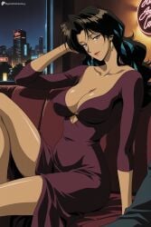 1girl ai_generated black_hair breasts cleavage collarbone couch dark-skinned_female dark_skin digitalwaifugallery dress earrings hi_res high_quality high_resolution jewelry katerina_solensan large_breasts lipstick long_hair looking_at_viewer makeup night patreon purple_dress purple_eyes red_lips seductive sexy sitting smile solo uncensored watermark