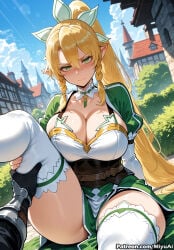 1girl ai_assisted ai_generated bangs blonde_hair blush boots braid breasts cleavage closed_mouth cloud collarbone curvaceous curvy curvy_female curvy_figure day detached_collar eyebrows_visible_through_hair female green_eyes hair_between_eyes high_ponytail huge_breasts leafa leafa_(sao) long_hair looking_at_viewer miyuai outdoors pointy_ears ponytail sitting sky solo_focus sword_art_online thick thick_ass thick_butt thick_hips thick_legs thick_thighs thighhighs thighs twin_braids voluptuous voluptuous_female watermark white_legwear wide_hips wide_thighs