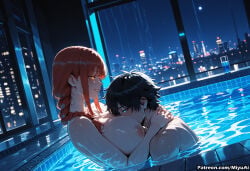 1boy 1girl ai_assisted ai_generated bangs black_hair blush braid braided_ponytail breasts brown_hair building chainsaw_man city city_lights cityscape couple curvaceous curvy curvy_female curvy_figure eyebrows_visible_through_hair female hair_between_eyes hetero large_breasts long_hair makima_(chainsaw_man) miyuai night night_sky nipples nude pool poolside sidelocks skyscraper smile thick thick_ass thick_butt thick_hips thick_legs thick_thighs voluptuous voluptuous_female water wet wide_hips wide_thighs window yellow_eyes