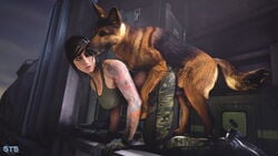 1girls arm_tattoo bestiality black_hair boots call_of_duty camouflage camouflage_pants canine clothing dog dog_penis doggy_style female firearm gloves grenade gun handgun human interspecies latina licking_face male mara_(cod) modern_warfare sex sts suppressor tagme tattoo weapon zoophilia