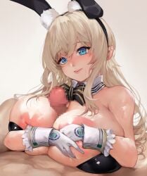 1boy 1girl absurdres animal_ear_hairband animal_ears black_leotard blonde_hair blue_eyes breasts breasts_squeezed_together censored commission detached_collar fake_animal_ears gloves hairband hetero highres huge_breasts leotard long_hair mosaic_censoring original paizuri parted_lips penis pixiv_commission playboy_bunny rabbit_ear_hairband rabbit_ears smile solo_focus tahnya variant_set white_gloves