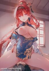 ai_generated breasts breasts_out cheongsam china_dress cunnilingus detached_sleeves elf elf_ears facesitting front_view nipples open_mouth purple_eyes pussy red_hair rover_(wuthering_waves) sex stormiaart thighs trembling watermark wuthering_waves yinlin_(wuthering_waves)